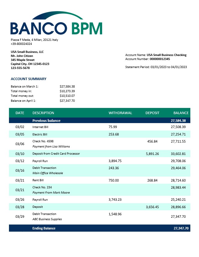 Modèle Word et PDF de déclaration d'entreprise de Banco BPM